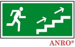 Znak BHP ewakuacyjny, kierunek do wyjścia drogi ewakuacji schodami w górę w prawo, PCV