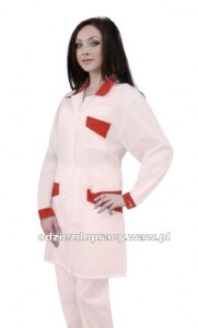 Fartuch M-061 z długim rękawem biały z czerwonymi wstawkami